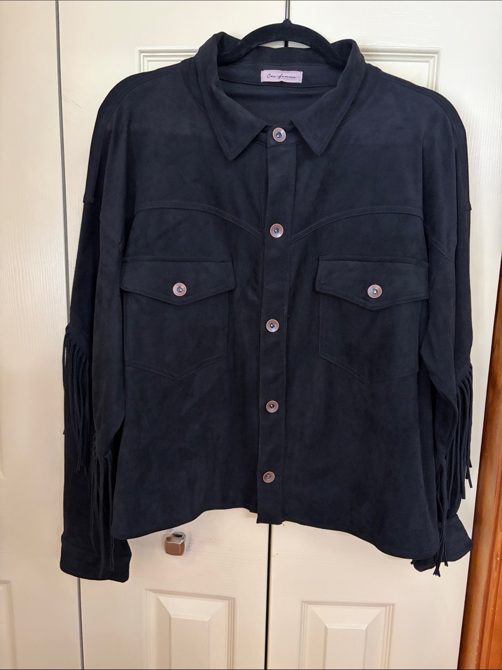Oversized Black Fringe Suede Button-Up Jacket -
